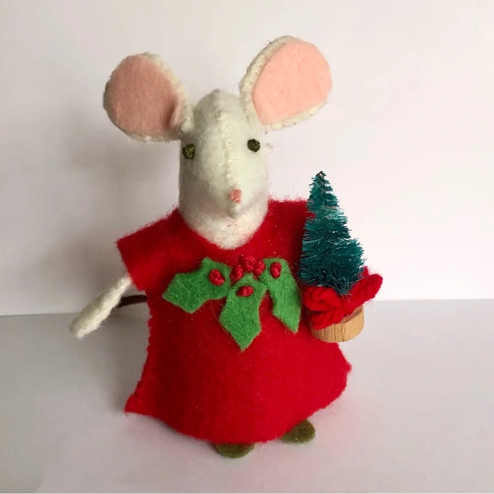 Holly Christmas felt Mouse ornament with green tree with bow hand-sewn handmade